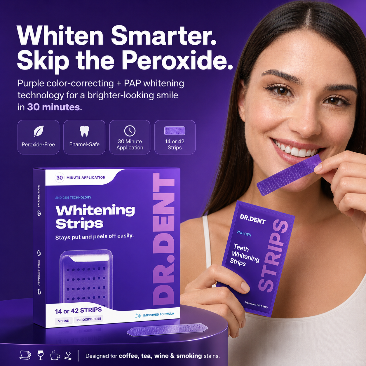 DRDENT Purple Teeth Whitening Strips - 7/21 Whitening Sessions - Non Sensitive Teeth Whitening - Peroxide-Free