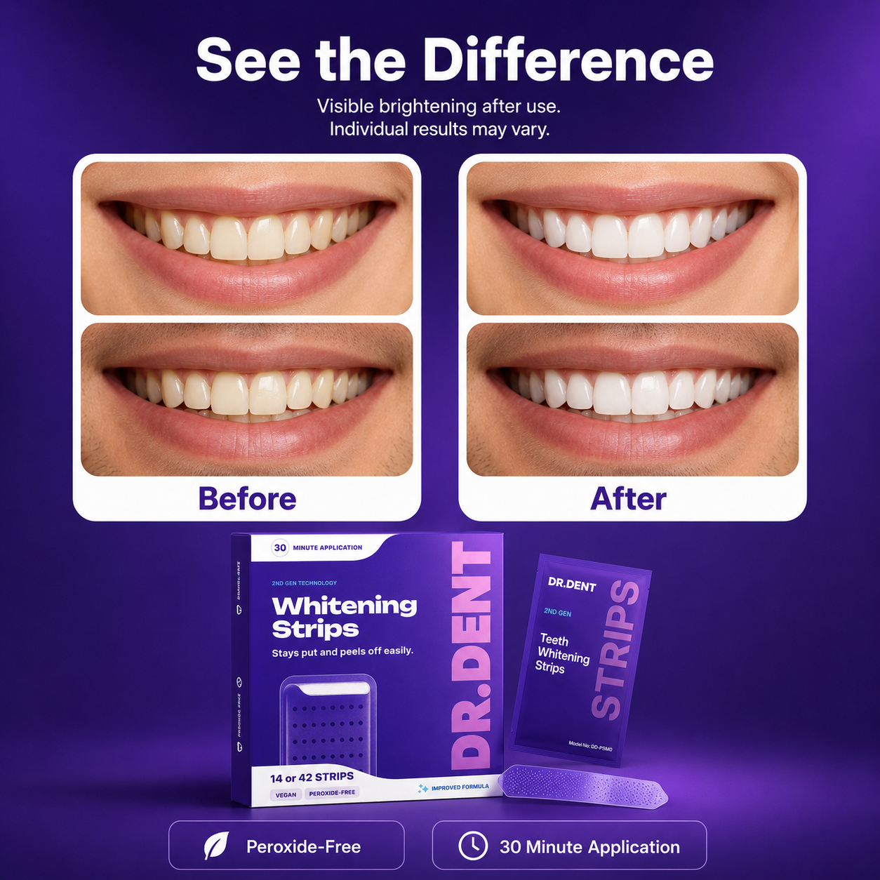 DRDENT Purple Teeth Whitening Strips - 7/21 Whitening Sessions - Non Sensitive Teeth Whitening - Peroxide-Free