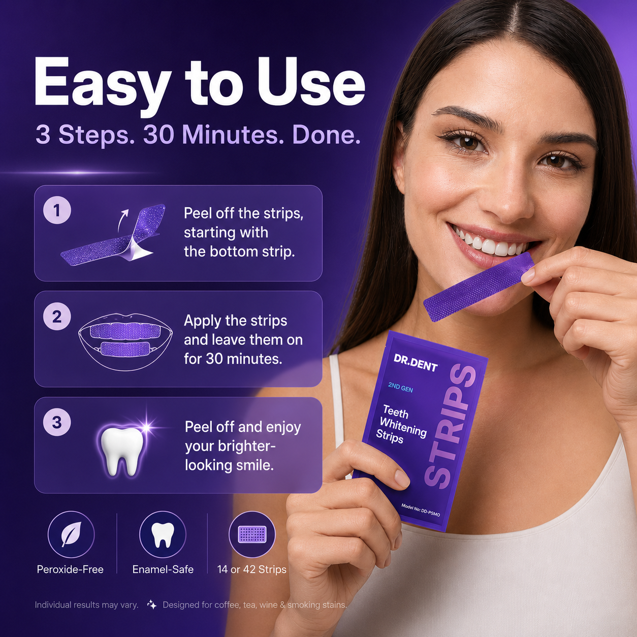 DRDENT Purple Teeth Whitening Strips - 7/21 Whitening Sessions - Non Sensitive Teeth Whitening - Peroxide-Free