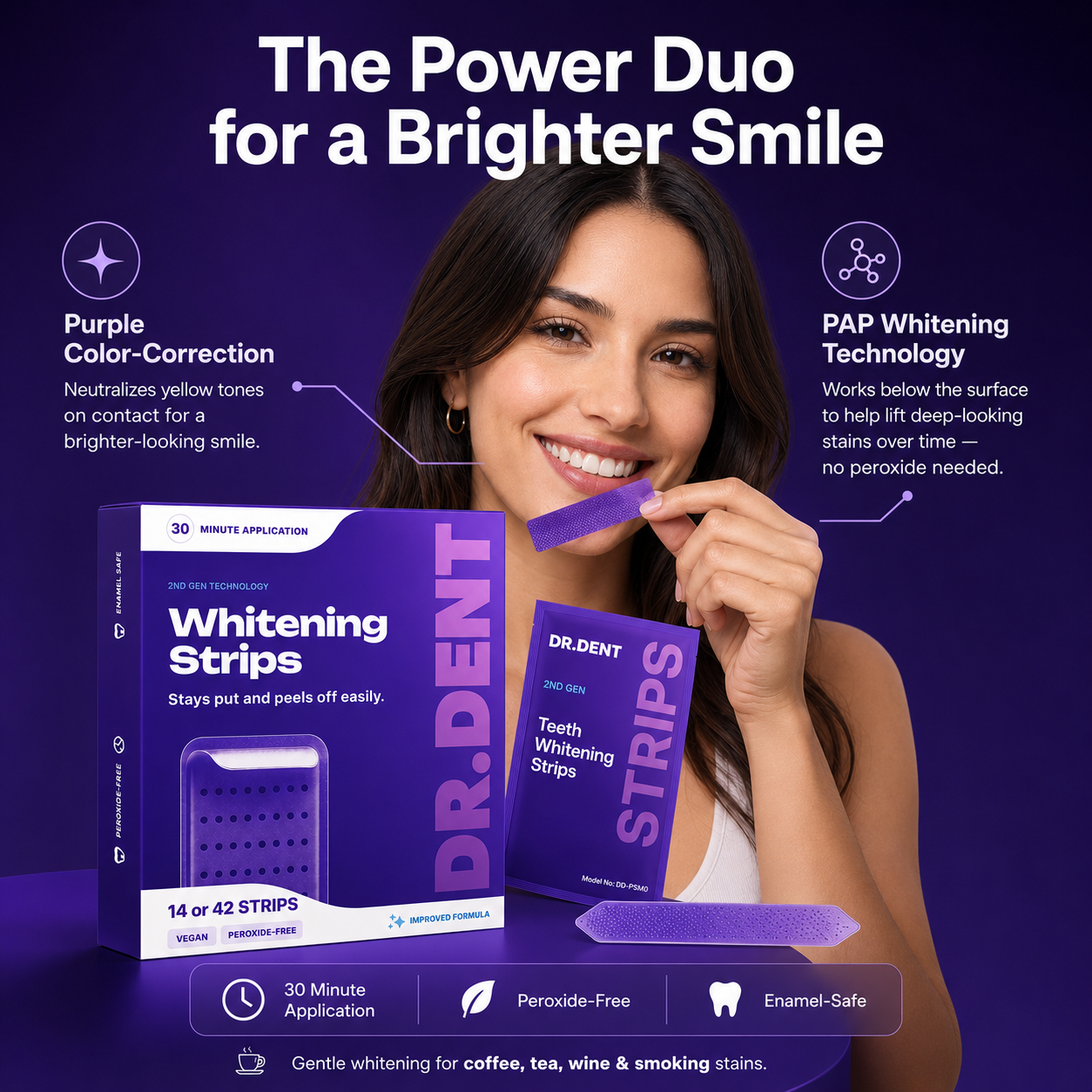 DRDENT Purple Teeth Whitening Strips - 7/21 Whitening Sessions - Non Sensitive Teeth Whitening - Peroxide-Free